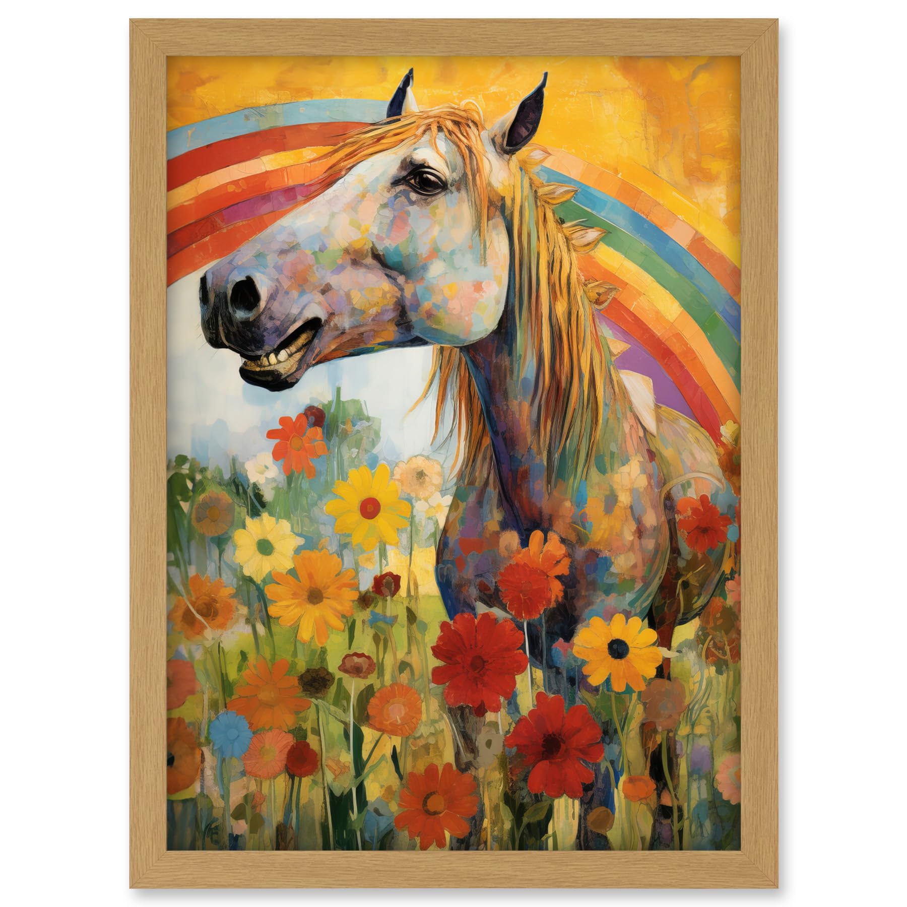 Artery8 Girls Bedroom Nursery Artwork Rainbow Horse With Flowers Bright Colourful Happy Artwork Framed A3 Wall Art Print