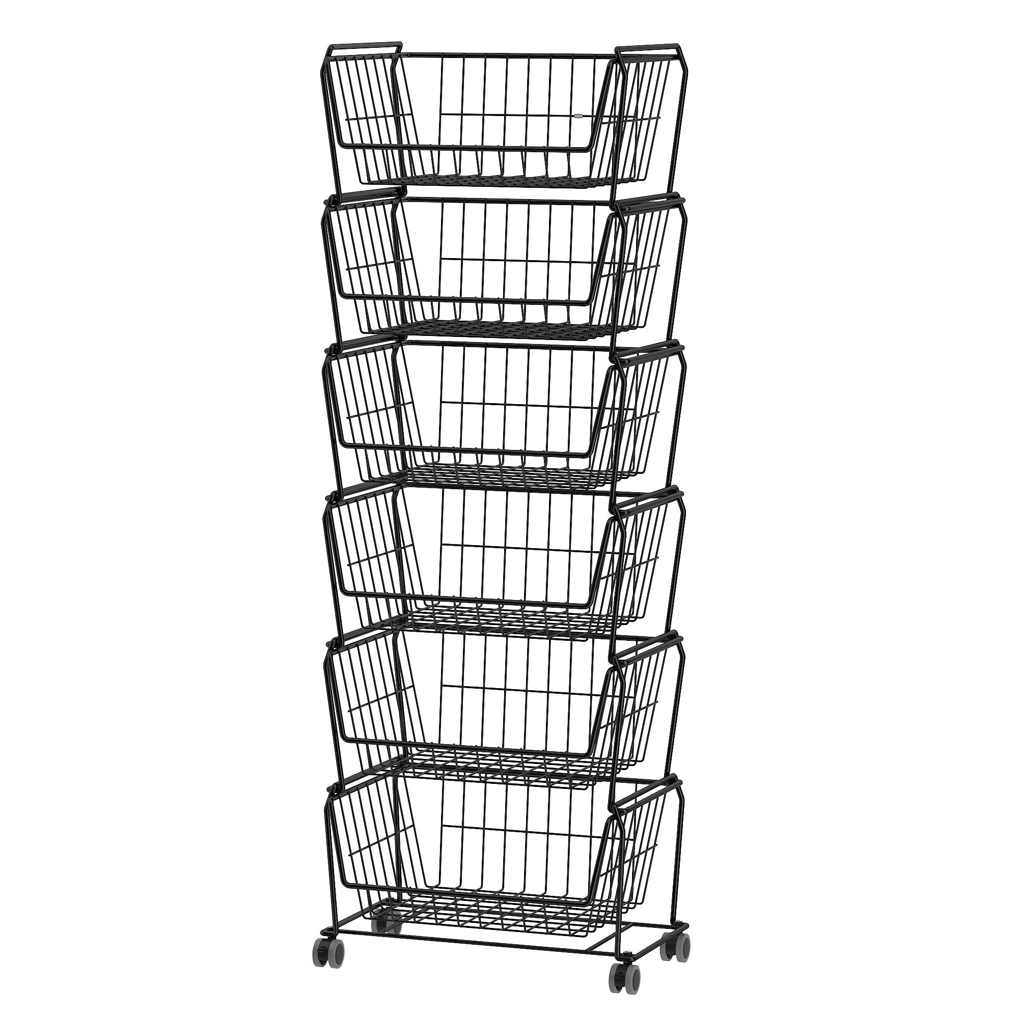 Photo 1 of PUSDON Stackable Metal Storage Carts, Dual Use Shelf for Kitchen Fruit Vegetable Baskets with Wheels, Storage Rack for Living Room, Home & Office, Standard Black 6 Tiers
