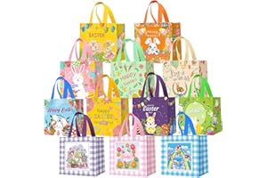 DECHISY 12Pack Easter Egg Hunt Bags with Handles, Waterproof Bunny Egg Easter Gift Bags, Non-Woven Easter Tote Bag for Easter Baskets, Easter Party Supplies 8.3×7.9×5.9inch, 12 Unique Patterns