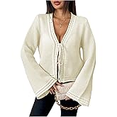 GORGLITTER Women's Tie Front Cropped Cardigan V Neck Bell Long Sleeve Chunky Fall Sweaters Trendy 2025 Beige Small