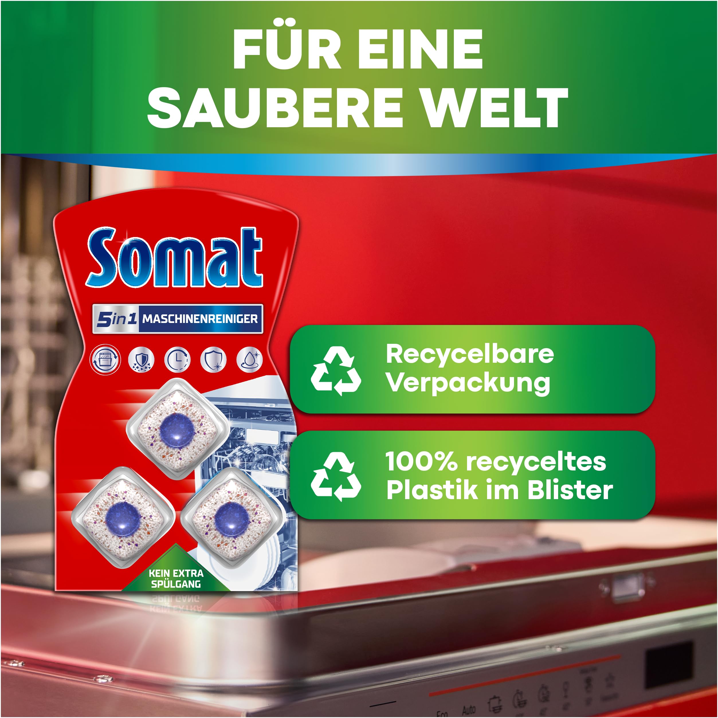 Somat 5in1 Maschinenreiniger (3 Spülgänge), Anti-Kalk Spülmaschinenreiniger für monatlichen Gebrauch, Reinigungs-Tabs für die Spülmaschine für längere Lebensdauer, ohne extra Spülgang 5