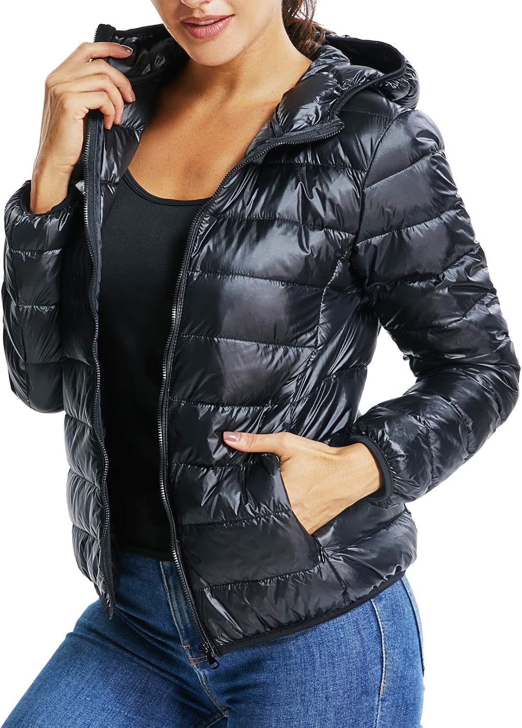 women's hooded packable ultra light weight short down jacket