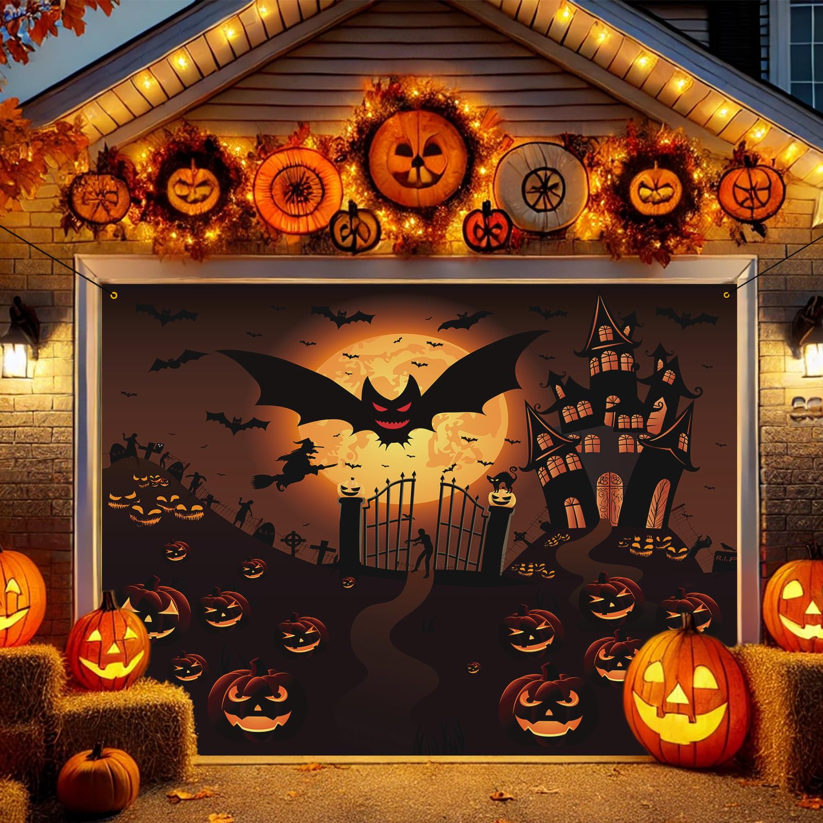 Photo 1 of 7x8FT Halloween Garage Door Cover, Pumpkin Garage Buddy Halloween Cover, Hanging Pumpkin Bat Single Garage Door Banner Backdrop Party Decorations for Indoor Outdoor Wall Decor