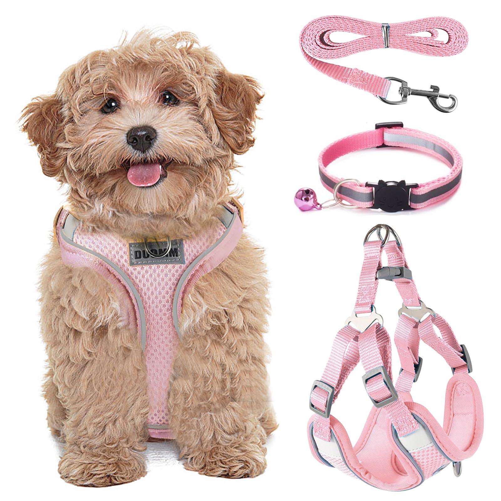 FINEASY No Pull Dog Harness with Lead and Collar, Reflective Harness, Anti Pull Dog Harness, Adjustable Soft Padded Pet Vest Harness for Dogs Cats (Pink, M)