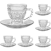 cosnou Vintage Glass Tea Cups with Saucers, Glass Mugs 7 Oz Set of 6 Espresso Coffee Embossed Glassware with Handle, for Cappuccino, Latte, Cereal, Yogurt, Beverage Hot/Cold, Milk…