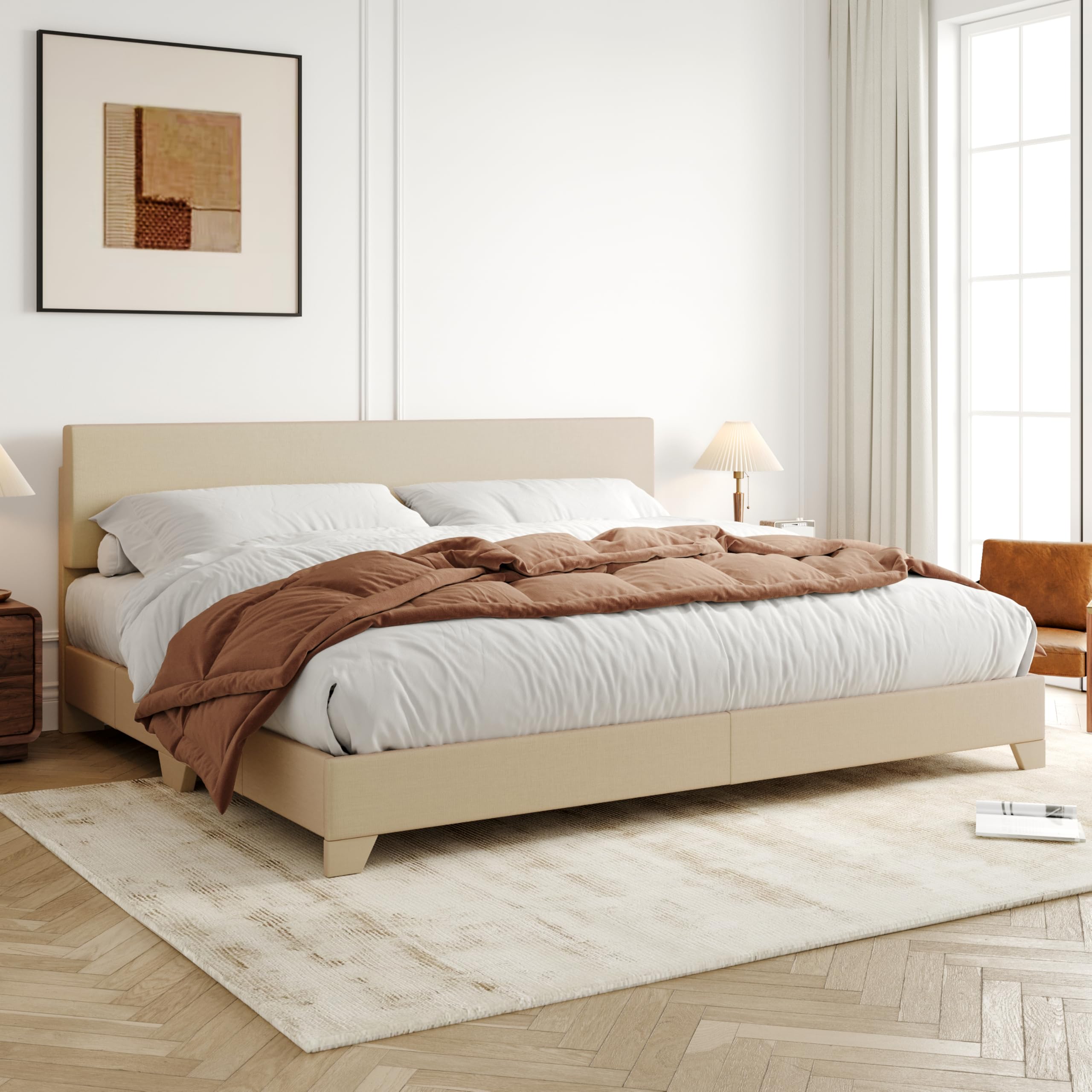 Photo 1 of  King Size Bed Frame , Upholstered Platform Bed with Wood Slats, beige**no manual