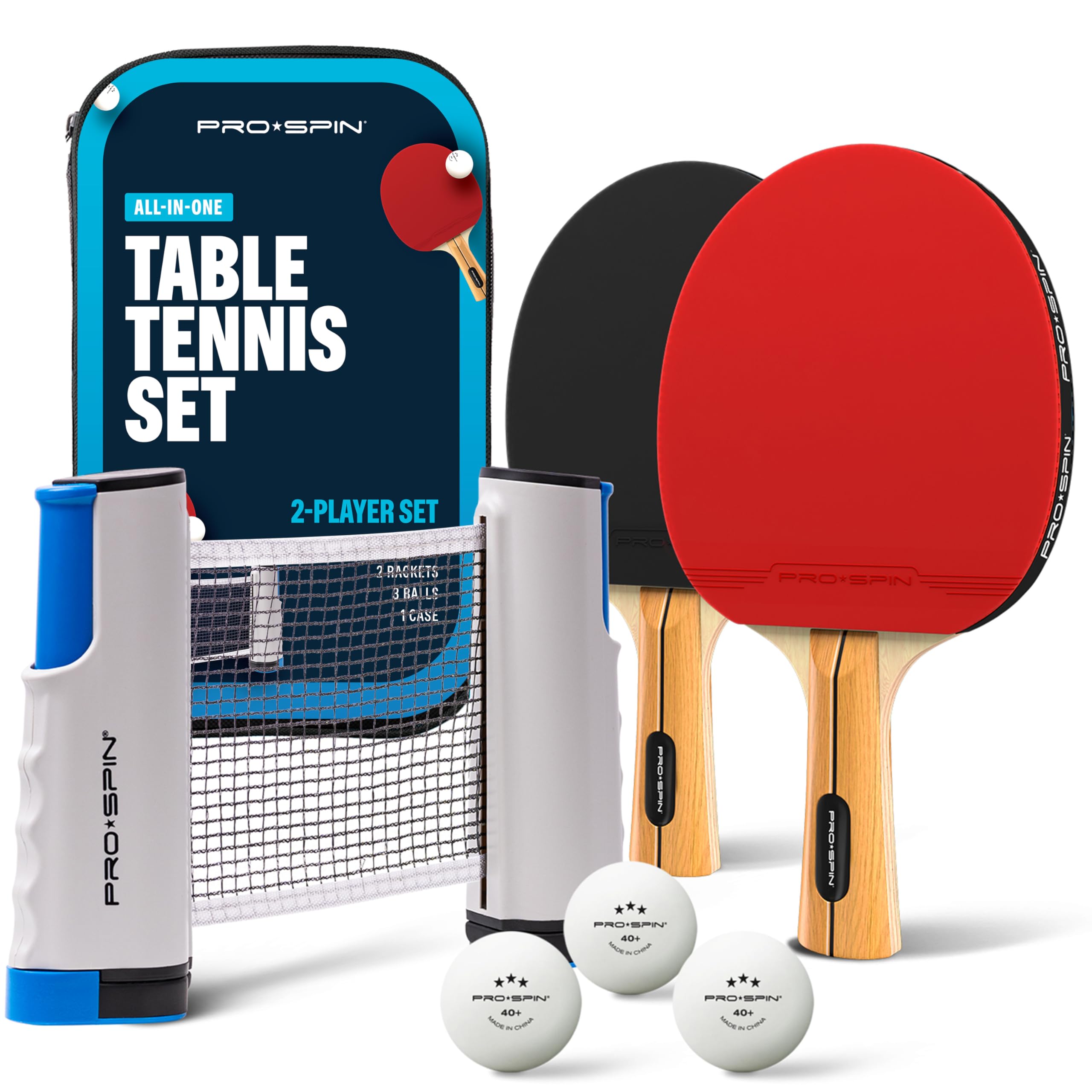 PRO-SPIN Portable Ping Pong Set with Retractable Ping Pong Net for Any Table, All-in-One Table Tennis Set with Table Tennis Bats, Balls & Case, TableTop Family Game (Red, 2-Player Set)