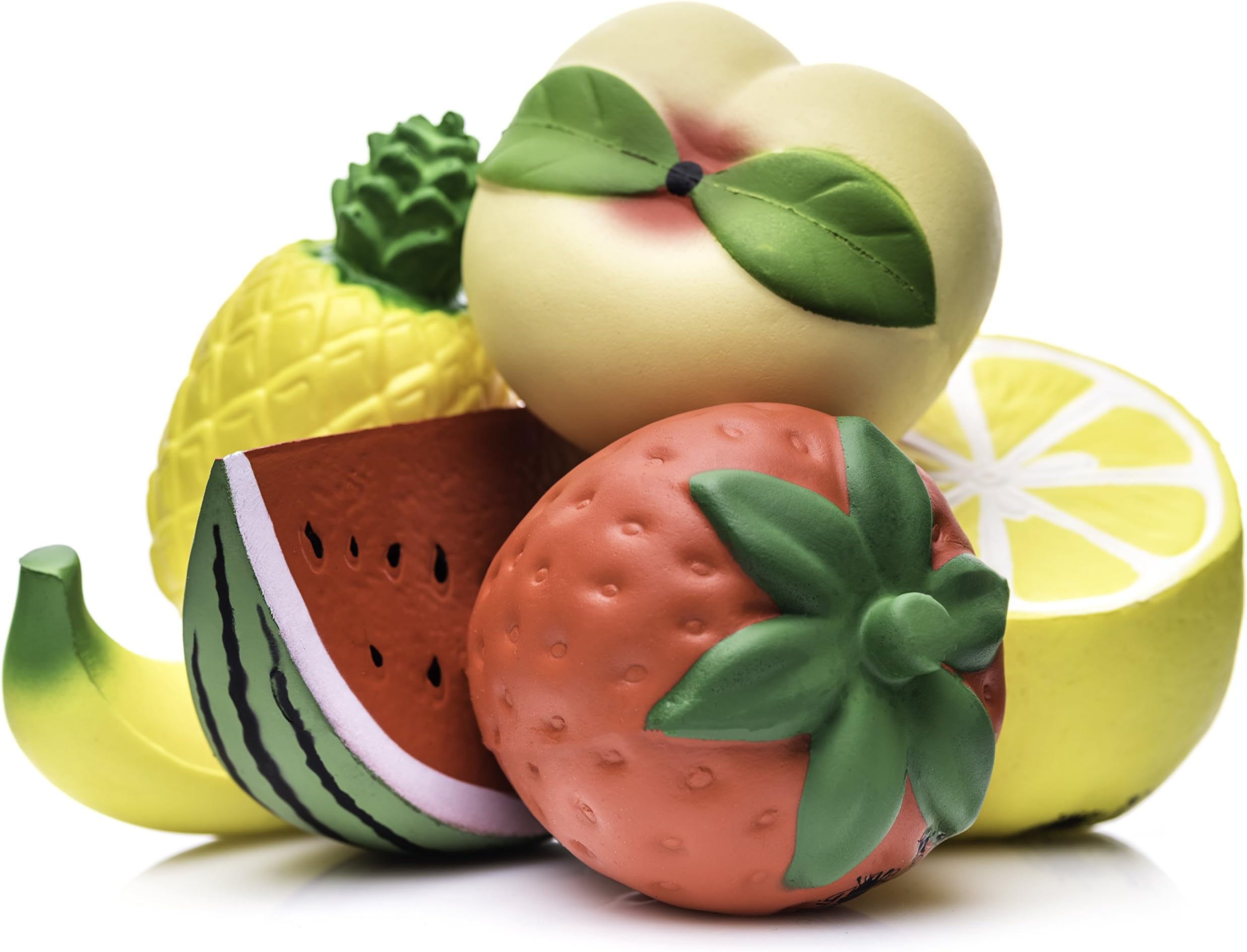 Jumbo Squishy Kawaii Fruit Full 6 Piece Set, Slow Rising Cream Scented Watermelon, Lemon, Strawberry, Pineapple, Banana, Peach Stress Relief Charms For Adults and Children, Silly Foam Squishie Toys
