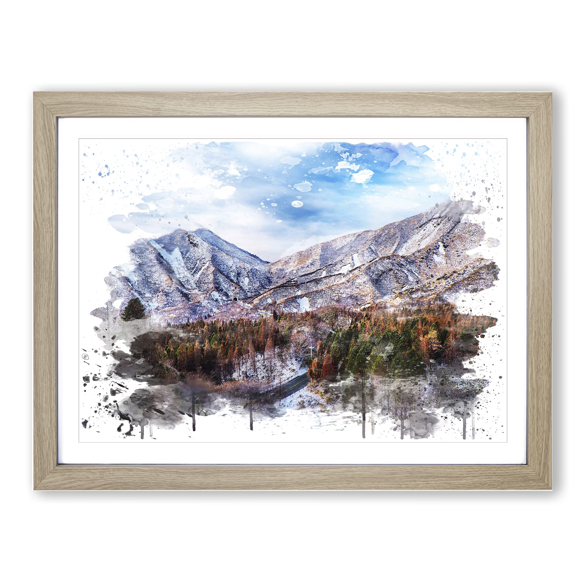 Landscape Aso Kumamoto Japan Mountain No.3 V3 Modern Framed Print | A4 Oak Framed Wall Art | Ready to Hang | Modern Landscape Picture | Living Room Bedroom Lounge Office