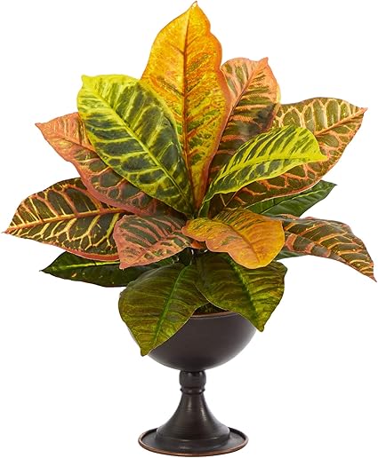 Amazon 14インチ ガーデンクロトン 人工植物 メタルチャリス リアルタッチ 人工観葉植物 オンライン通販