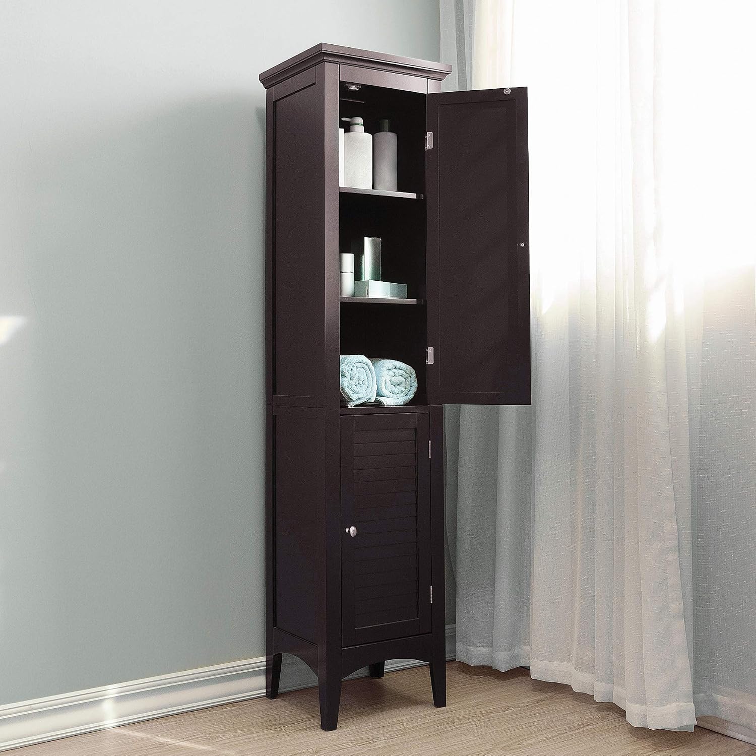 VERSANORA Teamson Home Bathroom Brown Wooden Standing Tall Cabinet Unit ELG-598, Darkbrown, 33.7 x 38.1 x 160 cm - Image 4