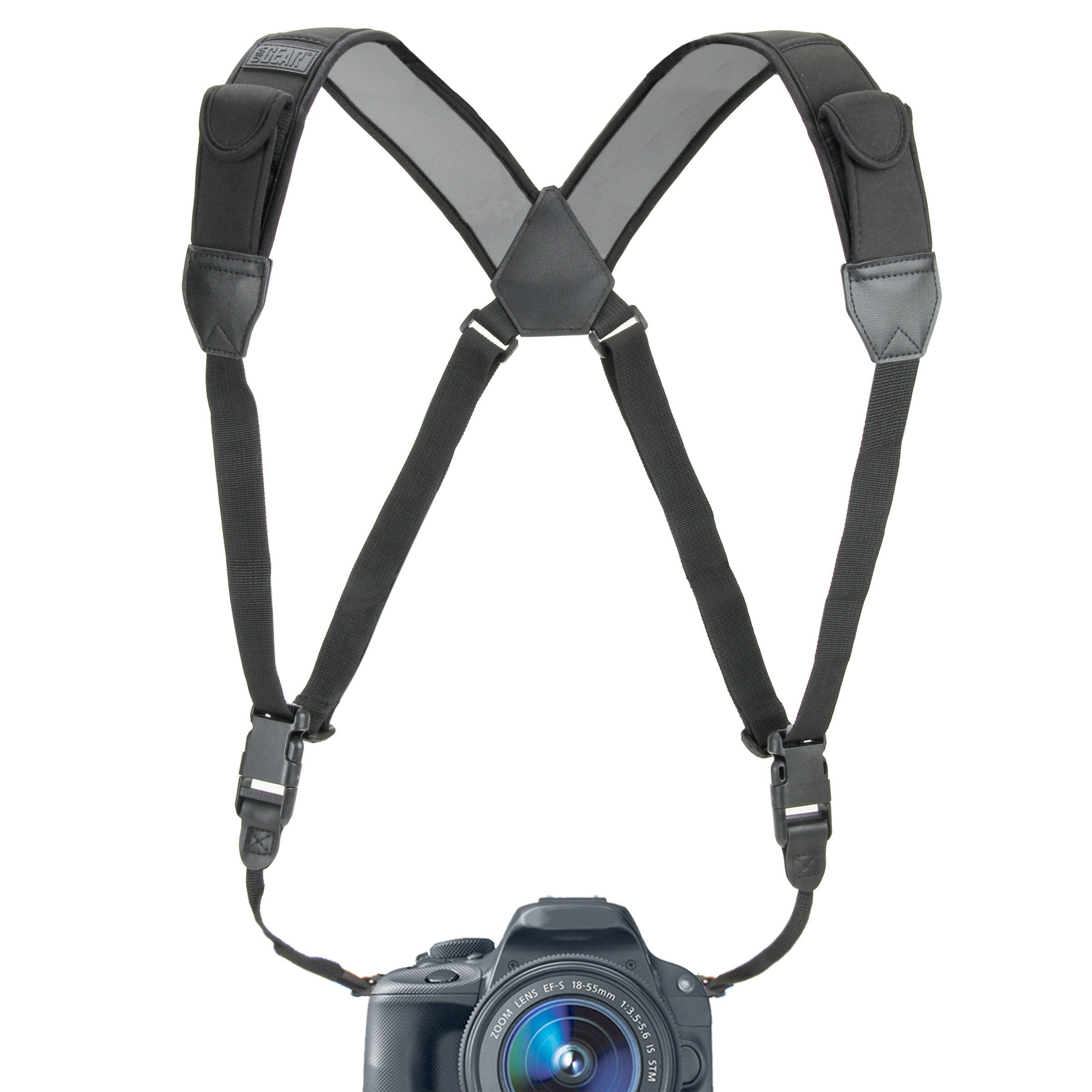 USA GEAR DSLR Camera Strap Chest Harness with Quick Release Buckles, Black Neoprene Pattern and Accessory Pockets - Compatible with Canon, Nikon, Sony and More Point and Shoot and Mirrorless Cameras