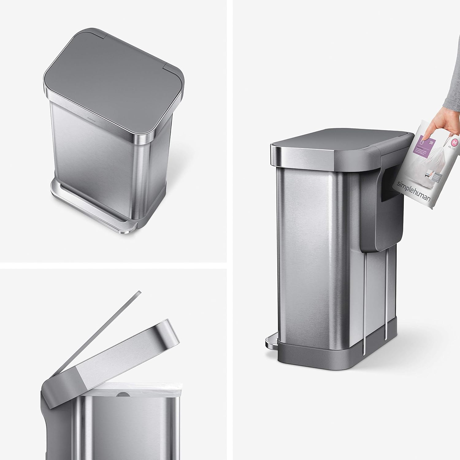 simplehuman 45 Liter Rectangular Hands-Free Kitchen Step Trash Can with Soft-Close, Brushed Stainless Steel with Plastic Lid: Home & Kitchen