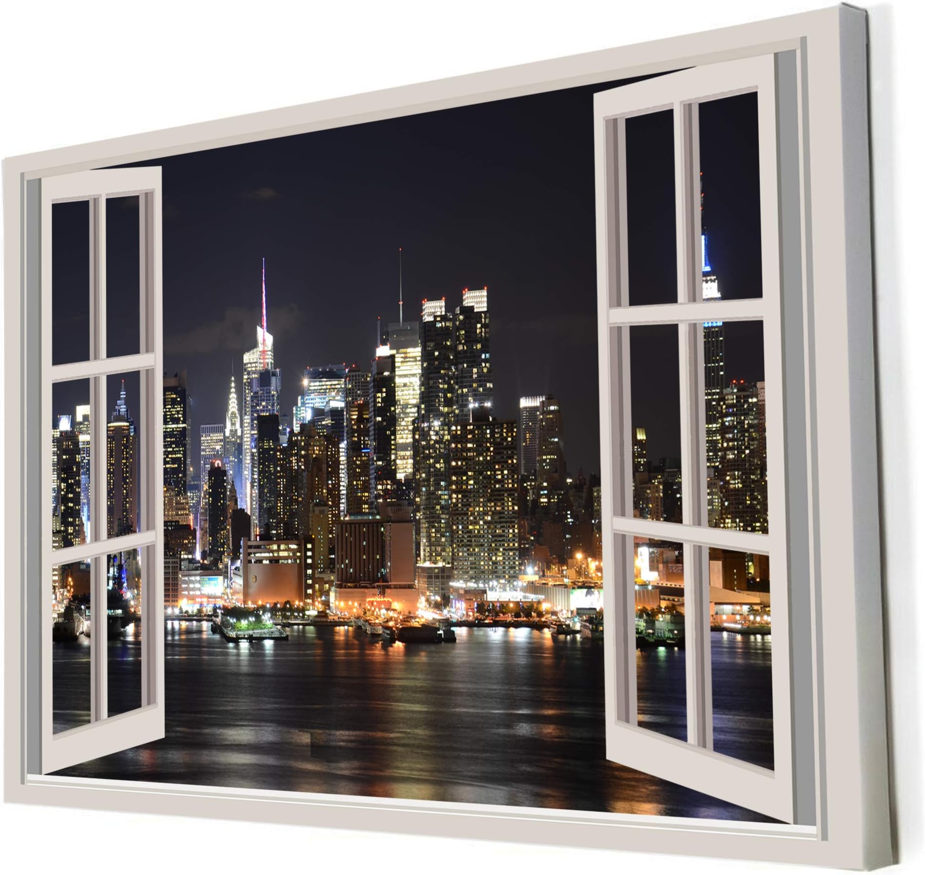 New York At Night USA Window Scenic Theme Box Canvas Panel Posters Pictures Prints Boys Girls Wall Art 5 Sizes