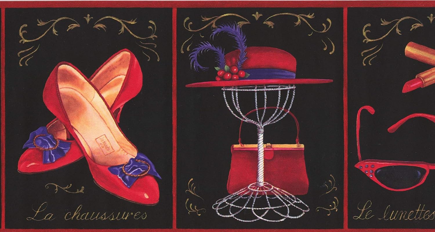 Modern Red Black Blue Womens Fashion Wallpaper Border French Style, Roll 15' x 6.5''