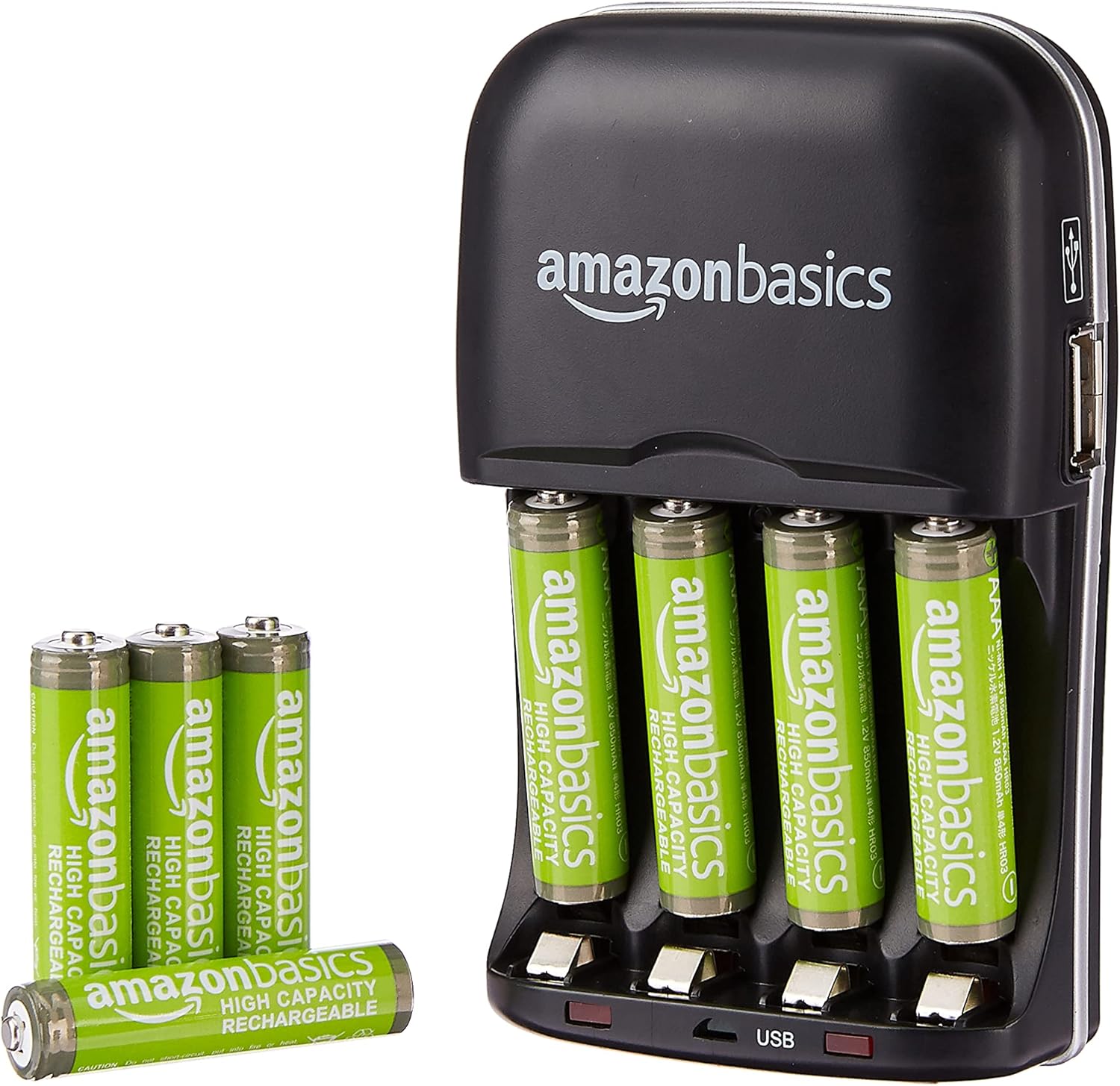 Amazon Basics 8 Pack AAA High-Capacity 850 mAh Rechageable Batteries with 4-Hour Rapid Battery Charger Set, Overcharge Protection, Pre-Charged