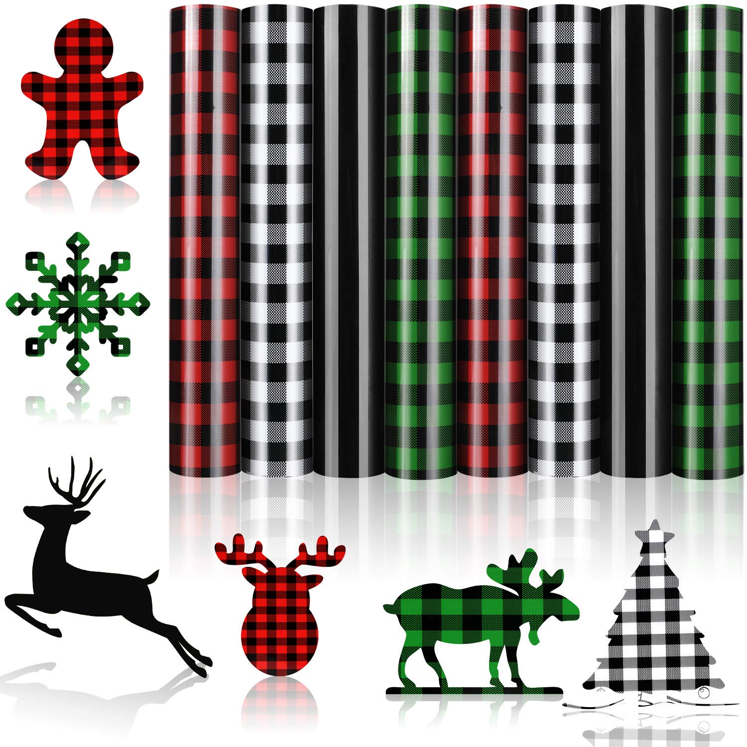 8 Sheets Buffalo Plaid Iron-on Vinyl HTV Assorted Leopard Pattern Check Heat Transfer Vinyl Heat Transfer Vinyl for T-Shirts Craft, 12 x 10 Inch (Red, White-Black, Green, Black)