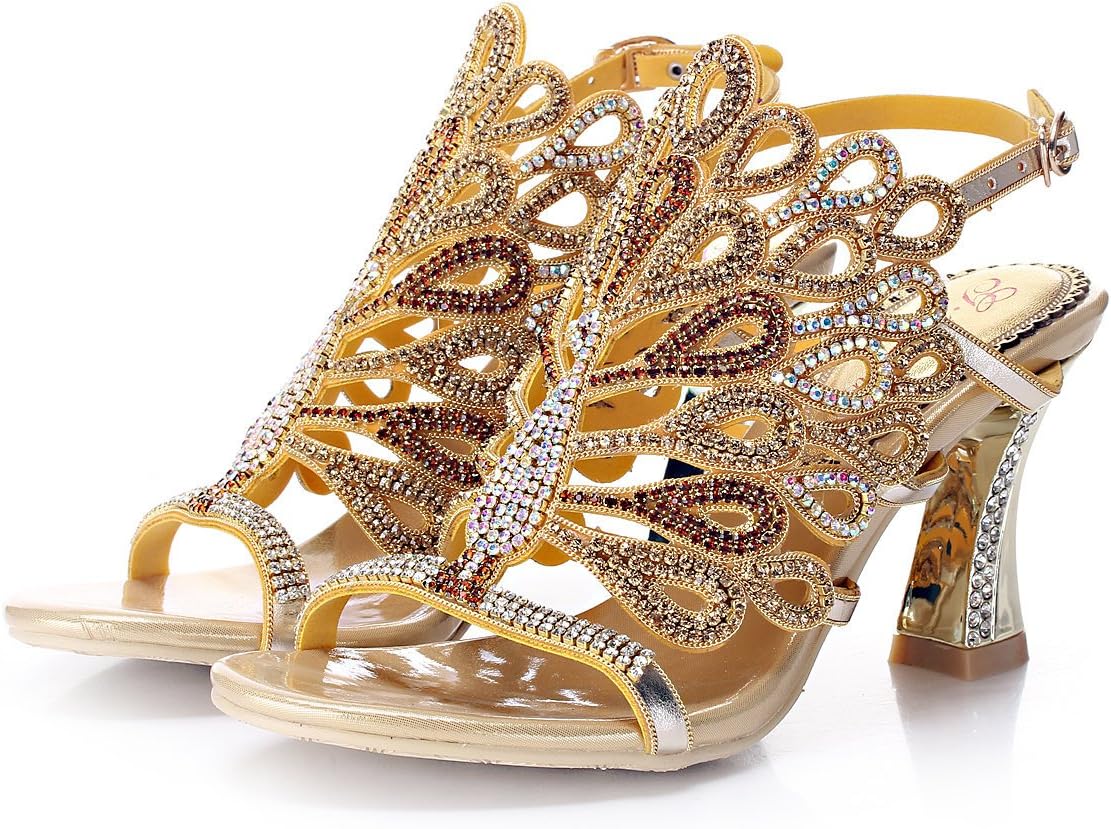 Unicrystal Women's Rhinestone Peacock Patterned Spool Heel Handmade Shoes Bridemaid Evening Prom Sandals
