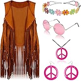 FunMular 60s 70s Outfits for Women Disco Hippie Costume Clothes Woman Peace Sign Earring Headband Fringe Vest Tassel Cardigan