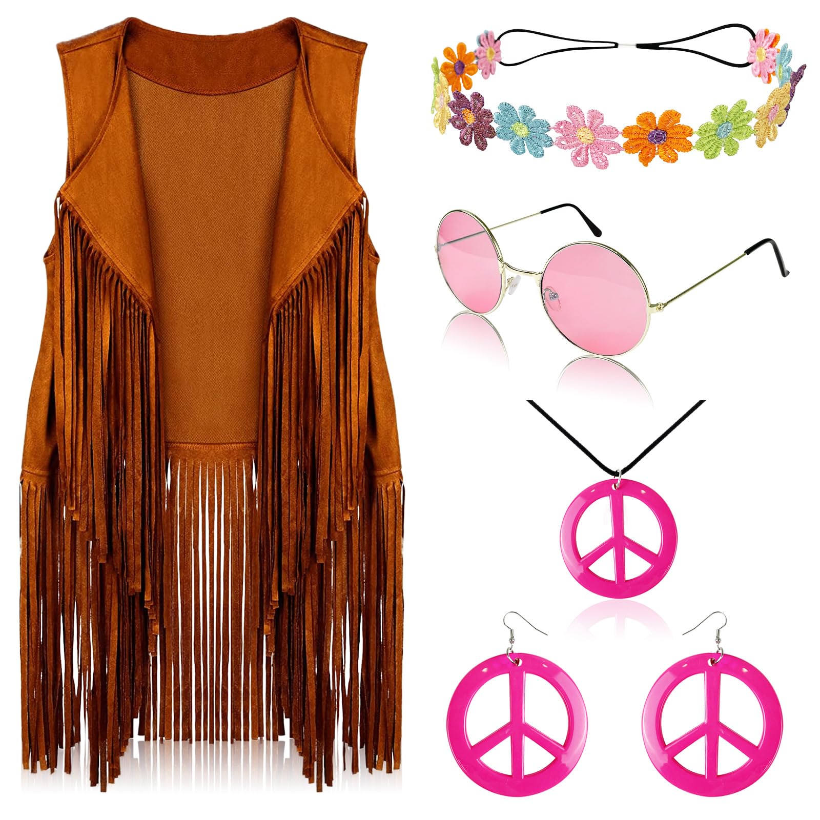 Photo 1 of FunMular 60s 70s Outfits for Women Hippie Costume Set Peace Sign Earring Headband Fringe Vest Tassel Cardigan (Khaki, M)