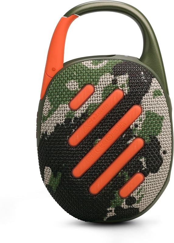 CLIP5 Altavoz Bluetooth, Carga USB C, IP67 a Prueba de Polvo, Impermeable, Compatible con Aplicaciones, Estructura de mosquetón, radiador pasivo, portátil, escuadrón