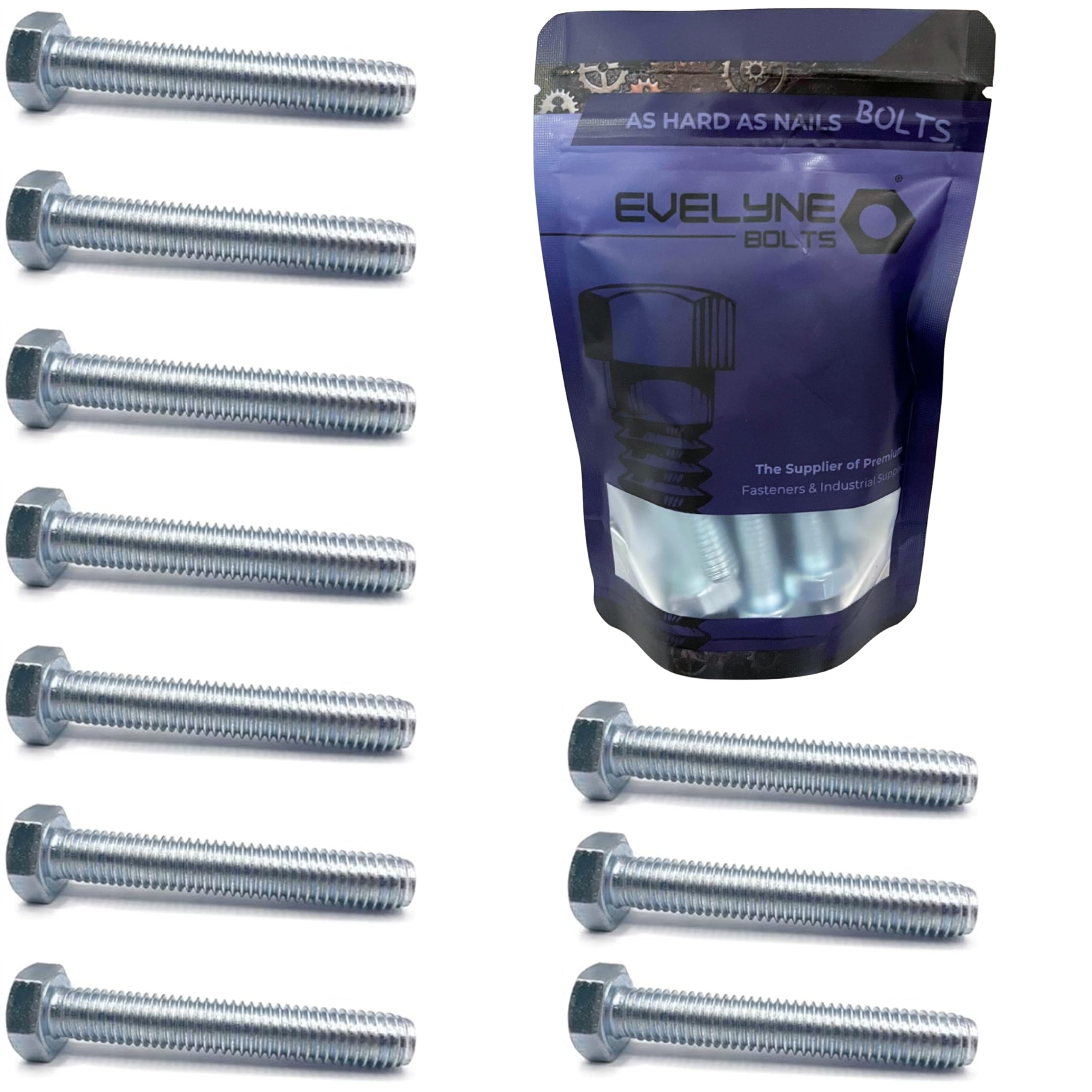 M10 Bolts (10mm x 50mm) Hex Bolt, Fully Threaded Setscrew, Steel (Pack of 10)