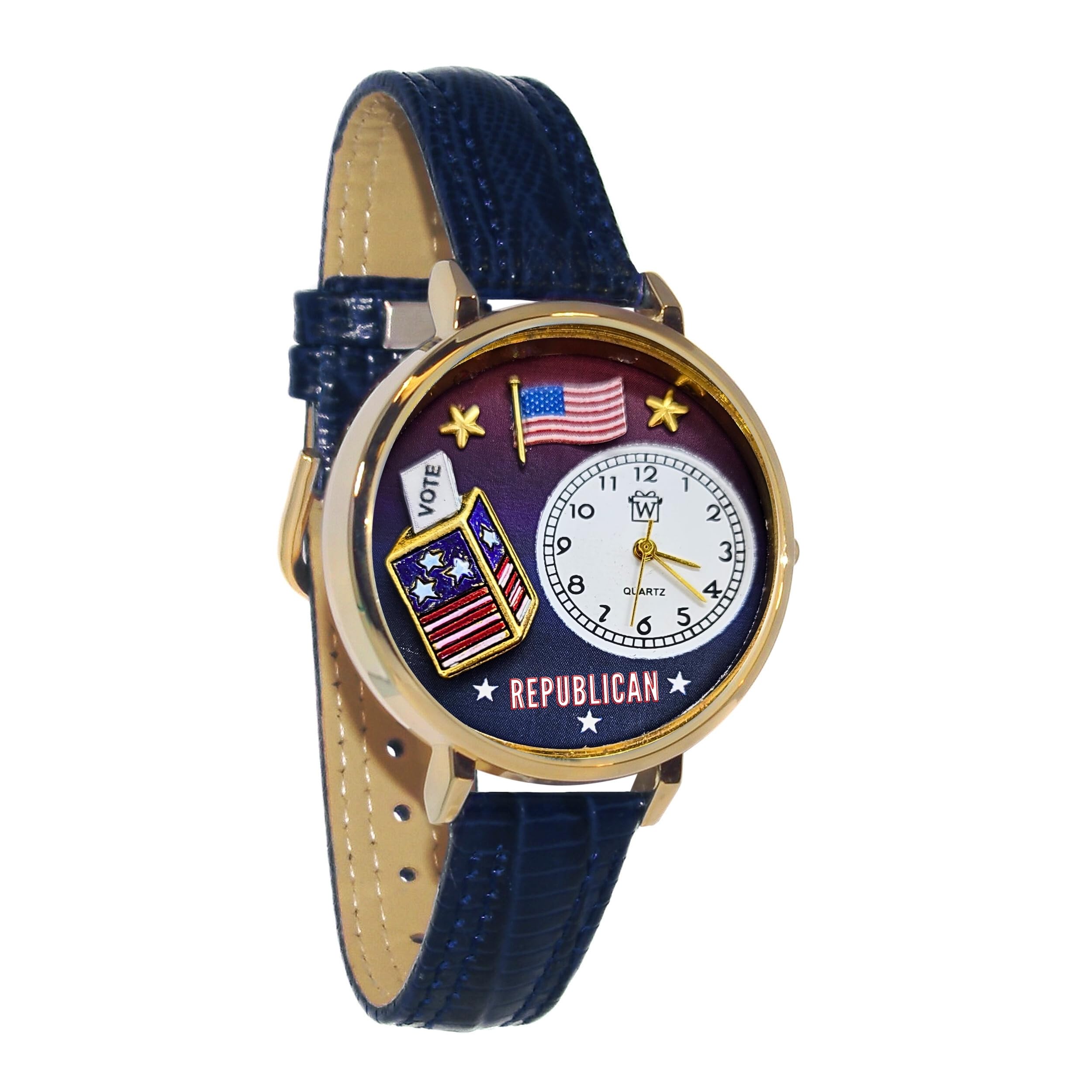 Whimsical Watches Republican Black Leather and Goldtone Unisex Quartz Watch with White Dial Analogue Display and Multicolour Leather Strap G-1110003
