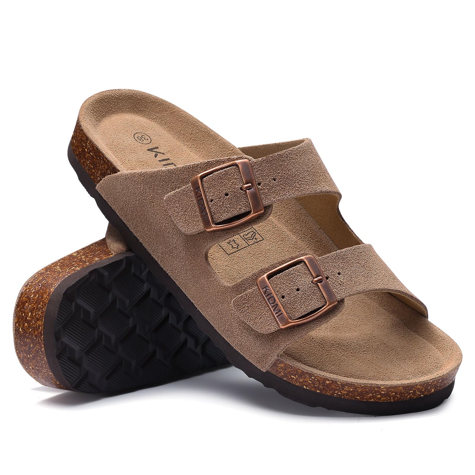 KIDMI Women's Genuine Suede Sandals Cork Footbed Summer Adjustable Slide Sandals