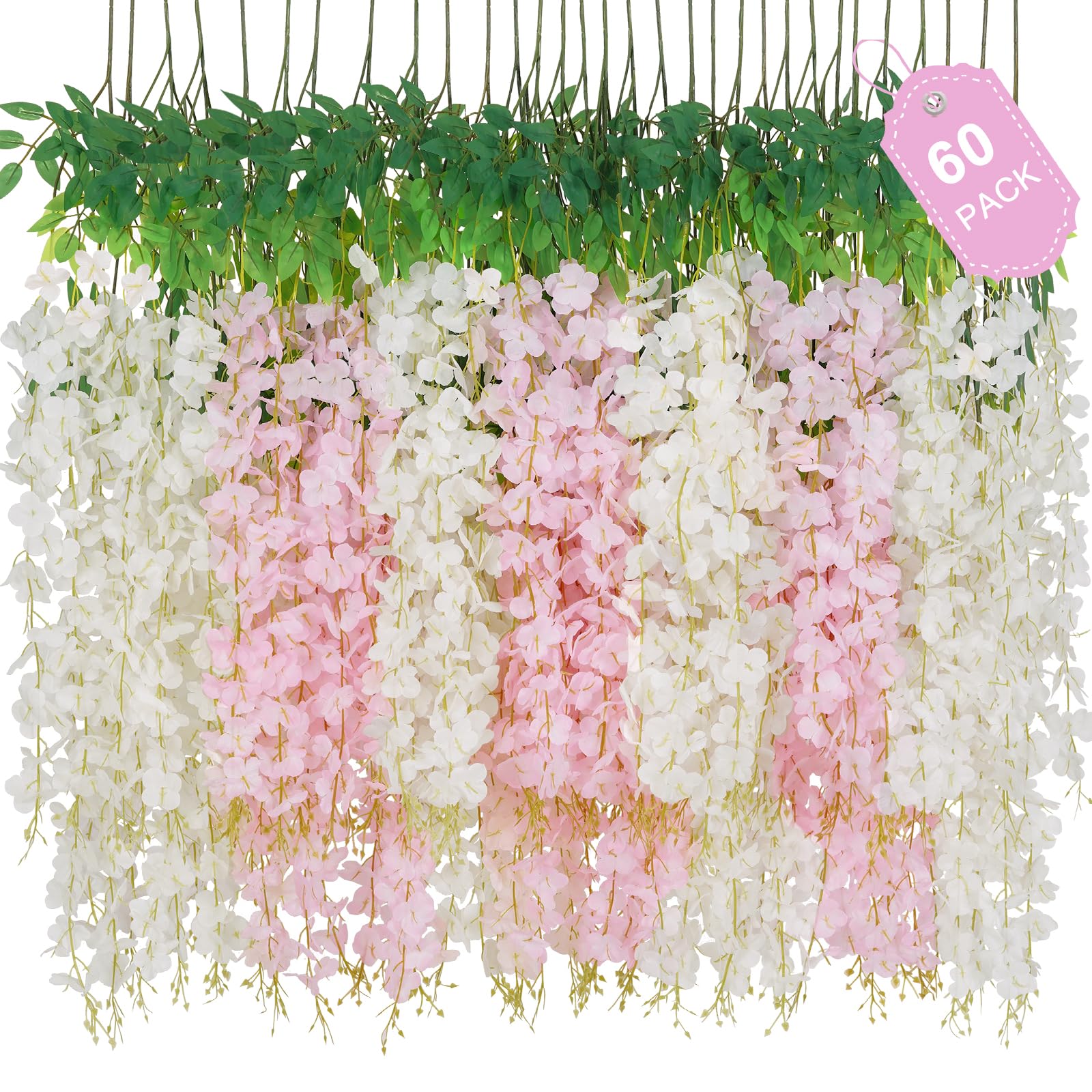 60 Pack White Pink Wisteria Hanging Flowers, Fake Hanging Flowers for Decoration, Artificial Flowers,Vines for Bedroom,Flower Garland for Home,Party,Garden, Wall,Wedding Decoration(3.6 Ft/Pcs)