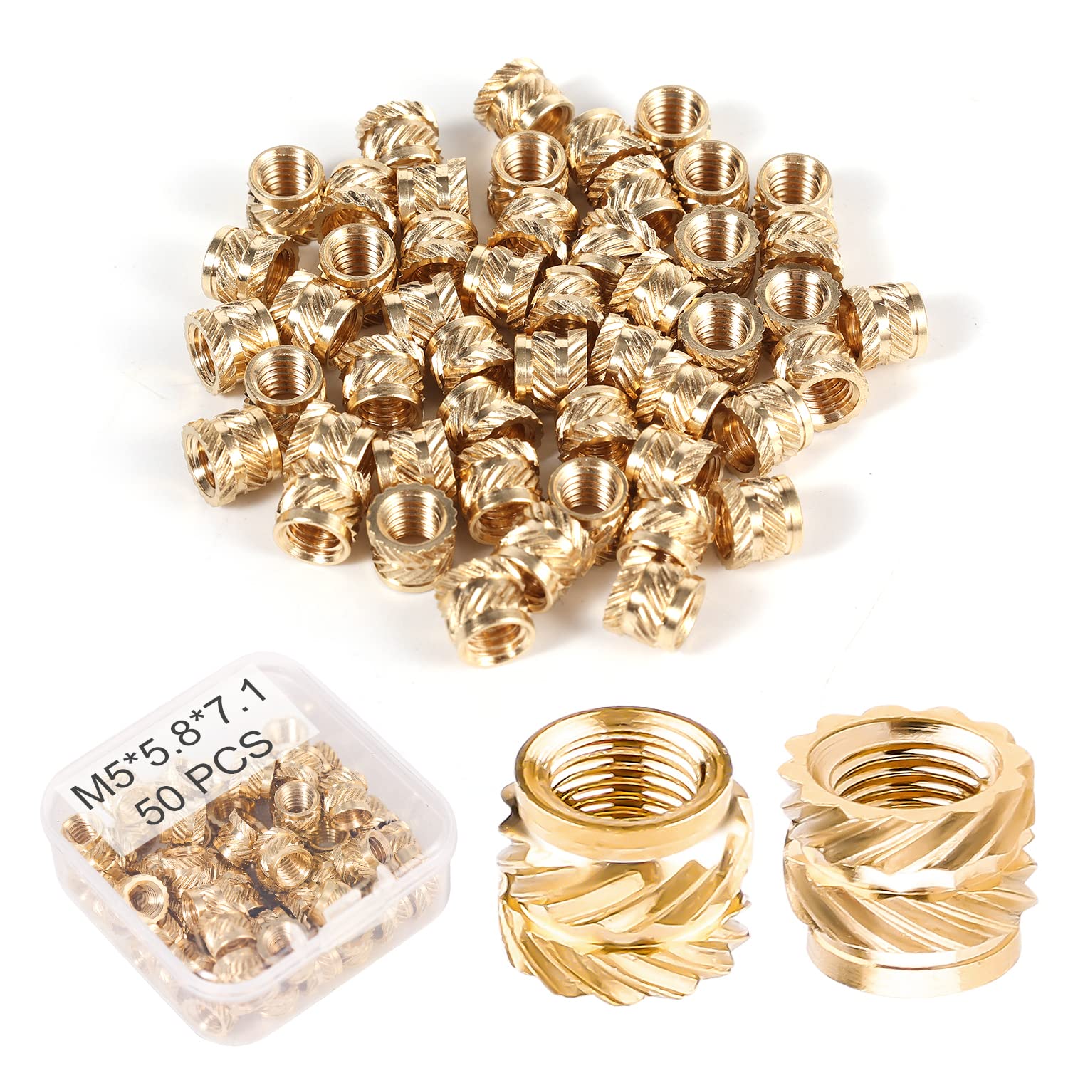 SAVITA 50pcs 3D Printing Brass Nuts, M5x5.8x7.1mm M5 Threaded Insert Knurled Brass Nuts Female Thread Knurled Heat Embedment Nut for 3D Printing Parts Loptop Automotive Plastic Shell