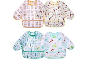 Accmor 4 Pack Long Sleeve Bibs, Baby Smock Waterproof Sleeved Bib Smock for Baby Toddler 6-36 Months