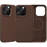 Rumwot for iPhone 15 Pro Max Leather Case | Genuine Full Grain Leather| Compatible with MagSafe and Wireless Charging | Metal Buttons Camera Bezel | Slim Fit-Drop and Scratch Resistant (Coffee Brown)