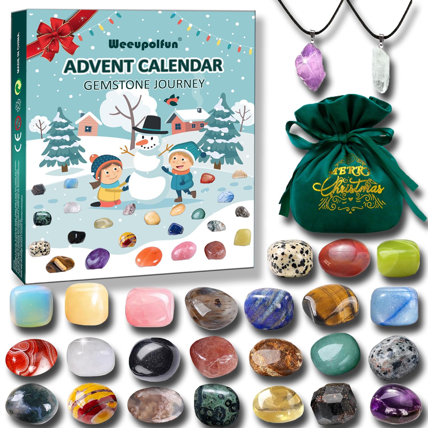 Weeupolfun Advent Calendar 2025-24 Days of Crystals Christmas Countdown Calendar Gemstones, Natural Mineral & Rock Stone Collection with Necklaces and Xmas Bags Scientific Gift for Girls Boys