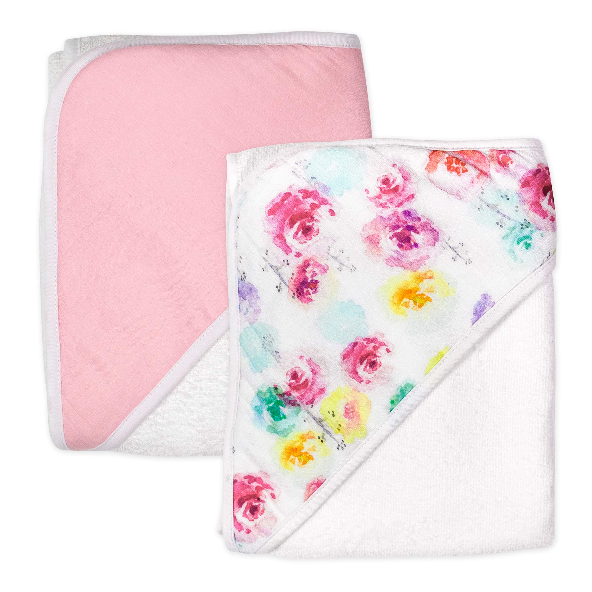 HonestBaby Unisex Baby 2-Pack Organic Cotton Hooded Towels Bandana, Pattern Play, One Size US, Rose Blossom, One size