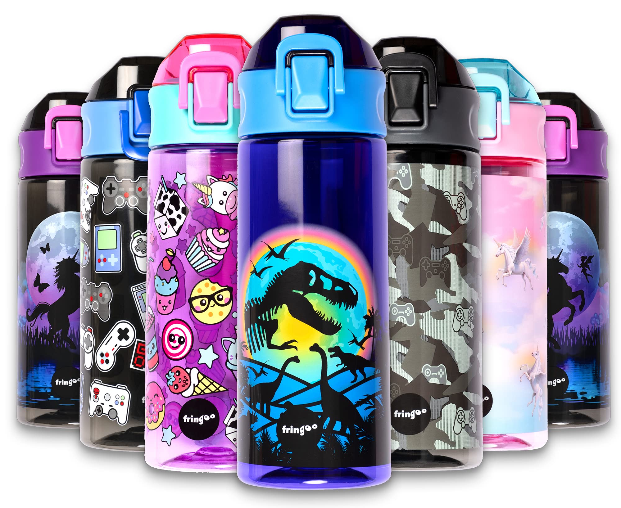 fringoo - Dinosaur Moon - BPA free water bottles - Pink straw water bottle - Reusable water bottle - 600ml / 20 Oz