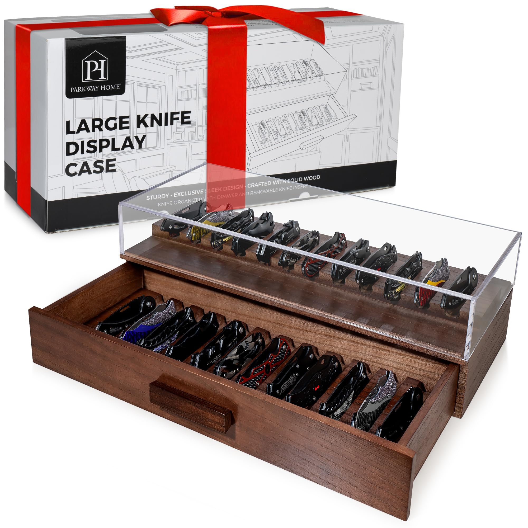 Photo 1 of Large Pocket Knife Display Case for for 24 Knives - Wooden Knife Collection Case with Sturdy Clear Cover- Two-Tier Knife Cases for Collections with a Removable Drawer Insert for Other EDC Items