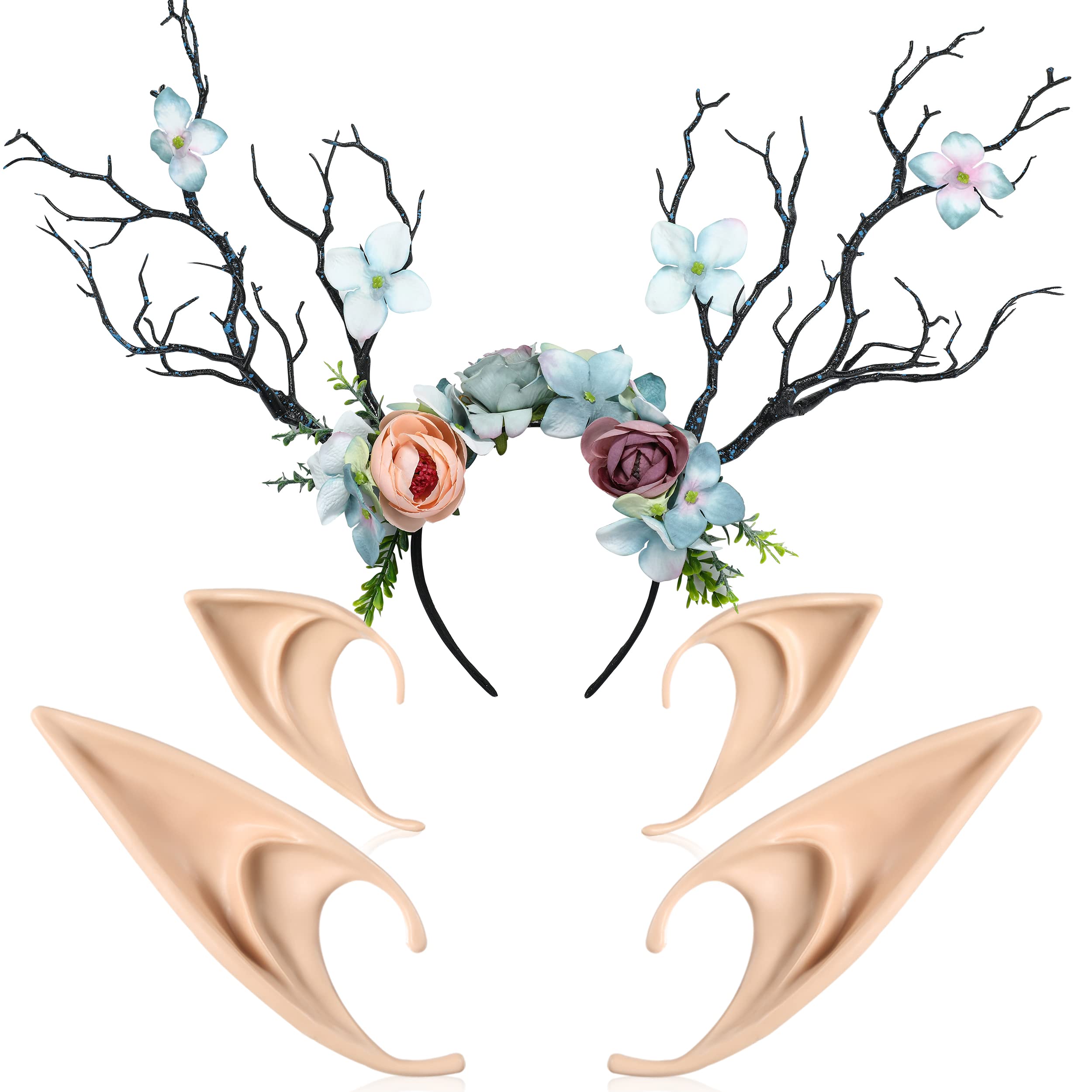 Photo 1 of FRESHME Renaissance Elf Ears with Antlers Crown - Woodland Crown Reindeer Branches Forest Flower Headband Fairy Pixie Ears with Green Flower Tiara for Renfaire Halloween Cosplay Gift LARP Costume