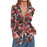 MAOECO Women's Button Down Floral Shirts 2026 Summer Long Sleeve V Neck Sheer Mesh Tops Boho Blouse Date Outfits