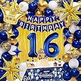 16th Birthday Decorations for Boys, Navy Blue Gold Happy 16 Birthday Party Decorations Include Happy Birthday Banner, Number 16 Balloons, Fringe Curtain, Crown, Star Foil Balloons, Cake Topper