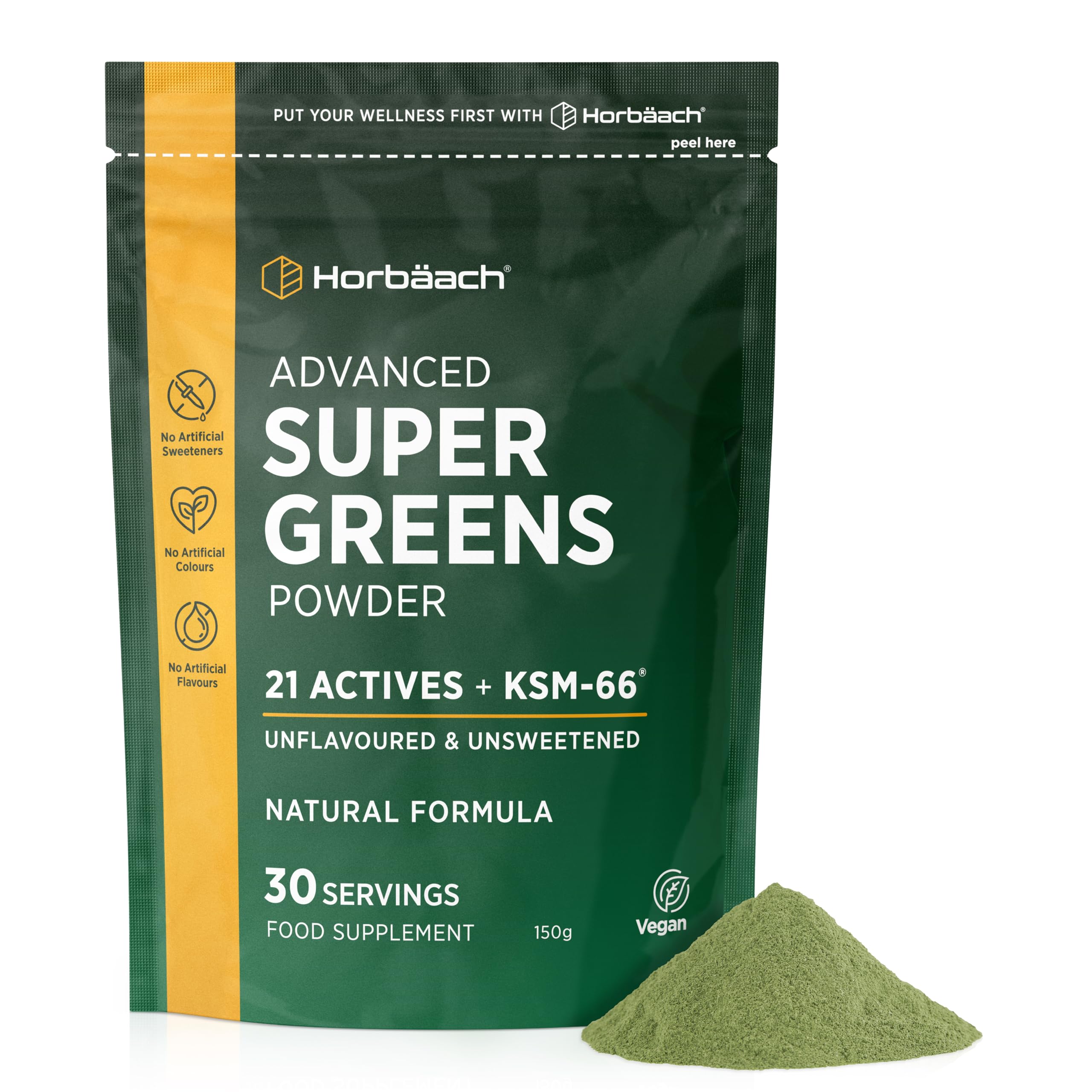 Super Greens Powder with Ashwagandha KSM-66 | 21 Advanced Greens, Nutrient Rich Superfoods and Adaptogens | 150g | 30 High Dosage Servings | Unflavoured & Unsweetened | by Horbaach