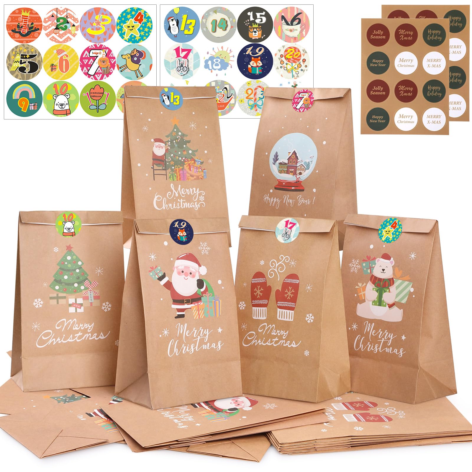 Christmas Paper Bags for Gifts, Advent Calendar 24 Pack Kraft Christmas Bags with 24 Stickers, Gift Bag for Xmas Party Supplies Decor, 6 Styles 22 * 12 * 8 CM (kraft)