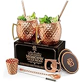 Copper-Bar Moscow Mule Copper Mugs | Set of 2 Hammered Cups | 100% HANDCRAFTED Pure Solid Copper | Gift Set With Cocktail Str