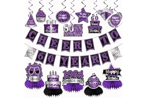 GERMISHUYS 60th Birthday Decorations Women, Purple Birthday Party Decorations Include Happy Birthday Banner, Hanging Swirls and Honeycomb Centerpieces, 60th Birthday Party Supplies