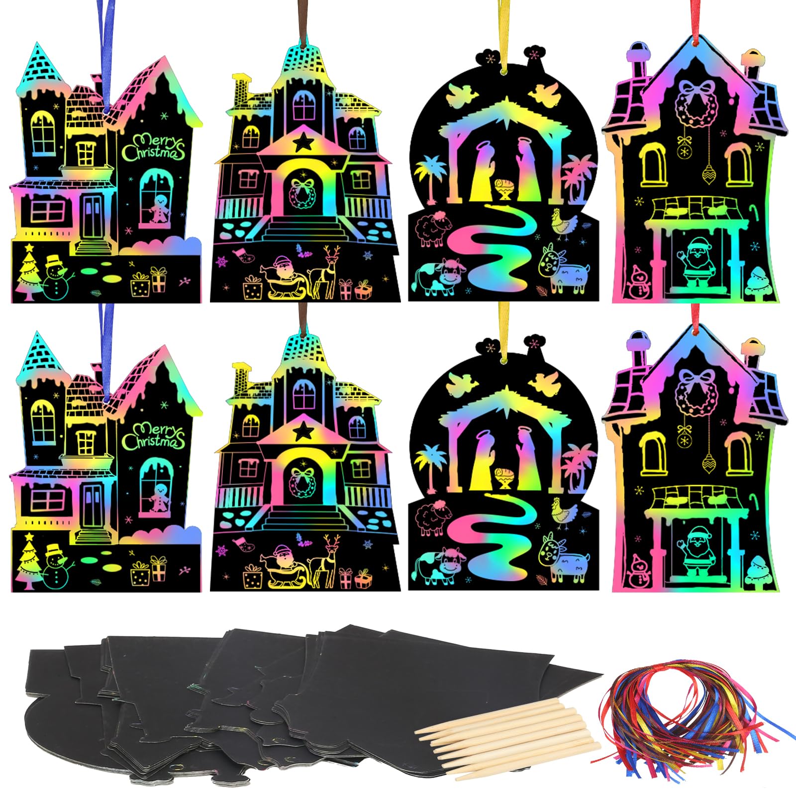 MONCAP 24pcs Christmas House Scratch Art for Kids, Xmas Magic Scratch Paper Card Rainbow Scratch Arts with Wooden Stylus for Kids Children Students DIY Arts and Crafts Decor-4 Design