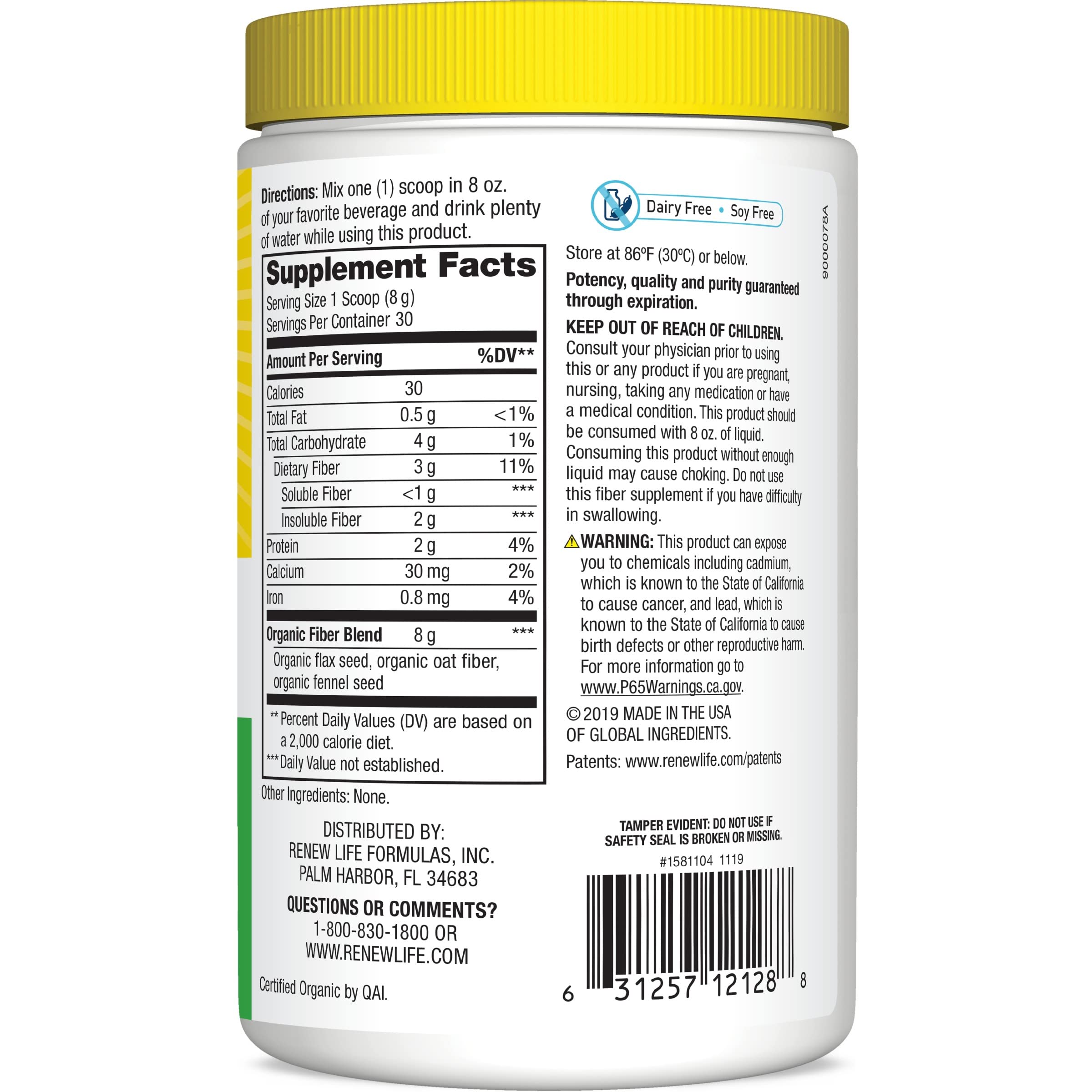 Renew Life Daily Digestive Organic Prebiotic Fiber Powder, Daily Supplement Supports Digestive and Immune Health, Soluble and Insoluble Fiber, Dairy and Soy Free, 8.5 oz.