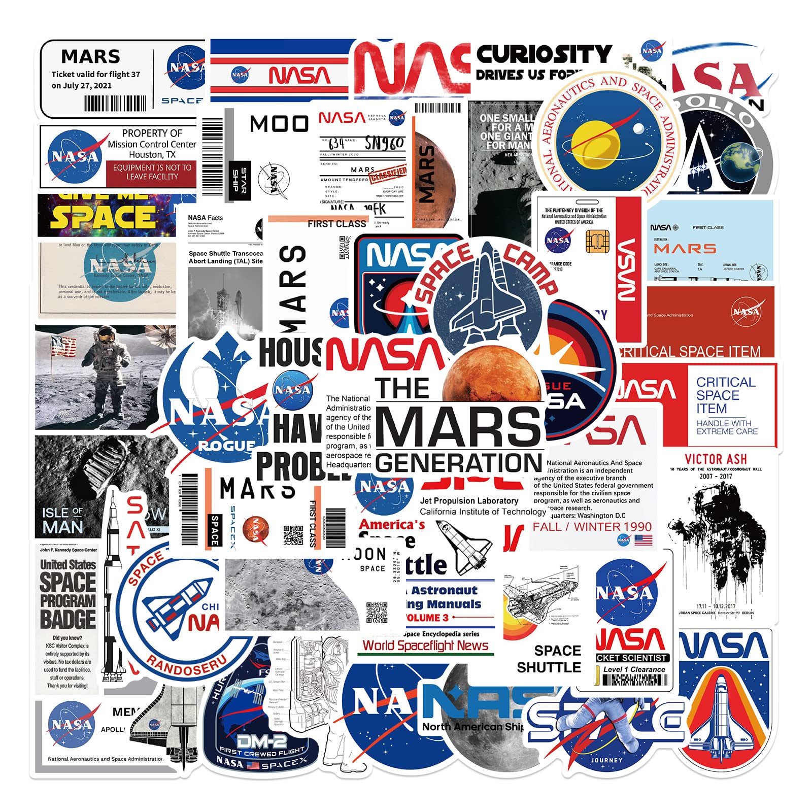 NASA Stickers (50 PCS), Gift for Children, Teens, Adults, Girl, Boys - Waterproof, Space Astronaut Vinyl Stickers for Scrapbook, Skateboard, Bike, Phone, Dairy