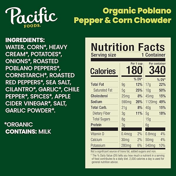 PACIFIC FOODS ORGANIC POBLANO PEPPER AND CORN CHOWDER, 16.3 OZ CAN
