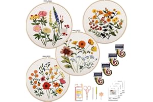 VIVIDOX 4 Sets Embroidery Kit for Beginners with Stitch Video, Flower Cross Stitch Kits for Adult, Hand Craft Lover, Starter Practice with Floral Stamped Pattern, 2 Hoops, 16 Needles, Scissors & Tools