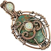 Copperie Evil Eye Natural Azurite Malachite & Moonstone Gemstone Pendant Copper Wire Wrapped Jewelry Necklace 18"