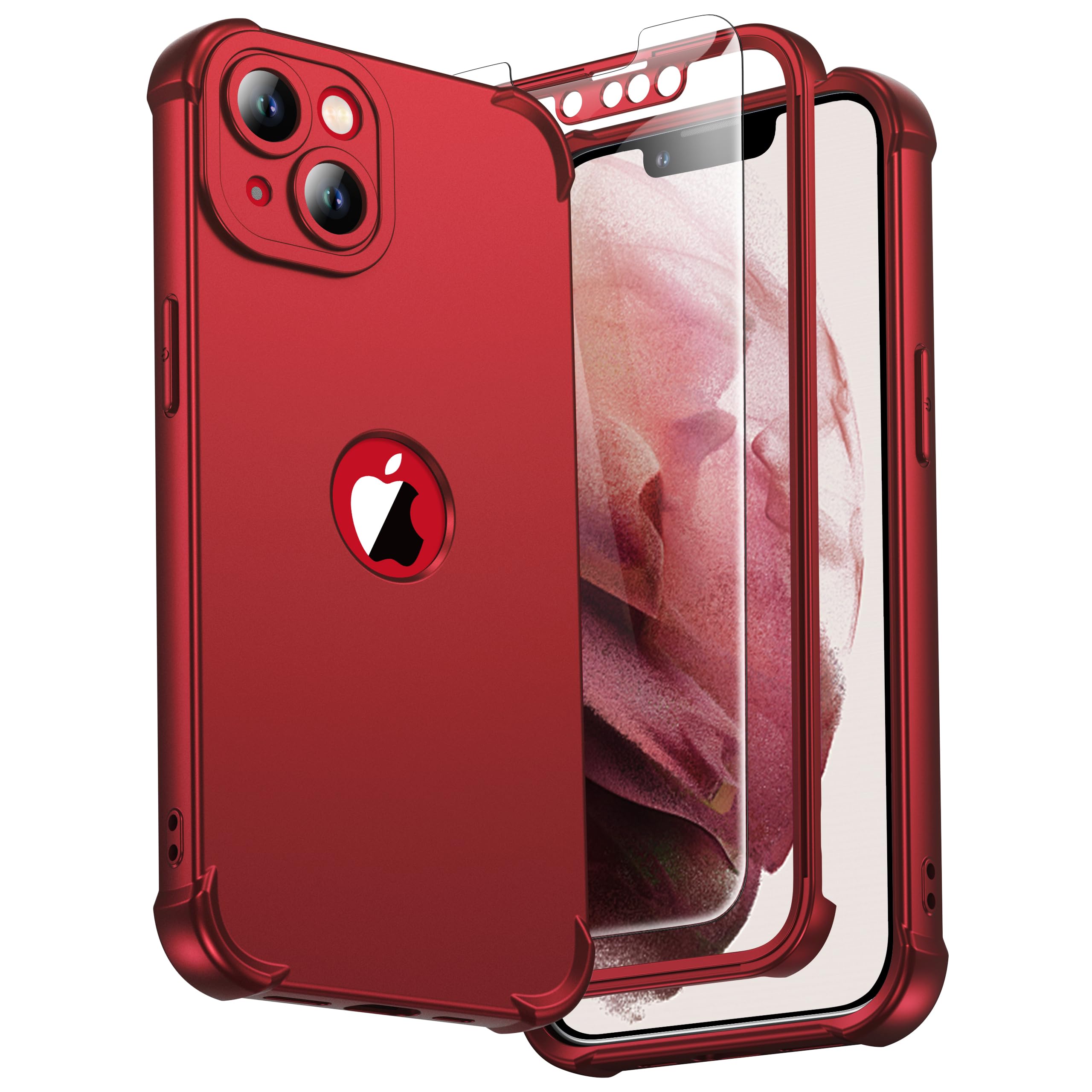 ORETECH for iPhone 13 Case, with [2 Pack Tempered Glass Screen Protector] [Camera Lens Guard] [15FT Military Grade Drop Test] 360° Shockproof Slim Fit Rubber Bumper Phone Cover - Red — image 1